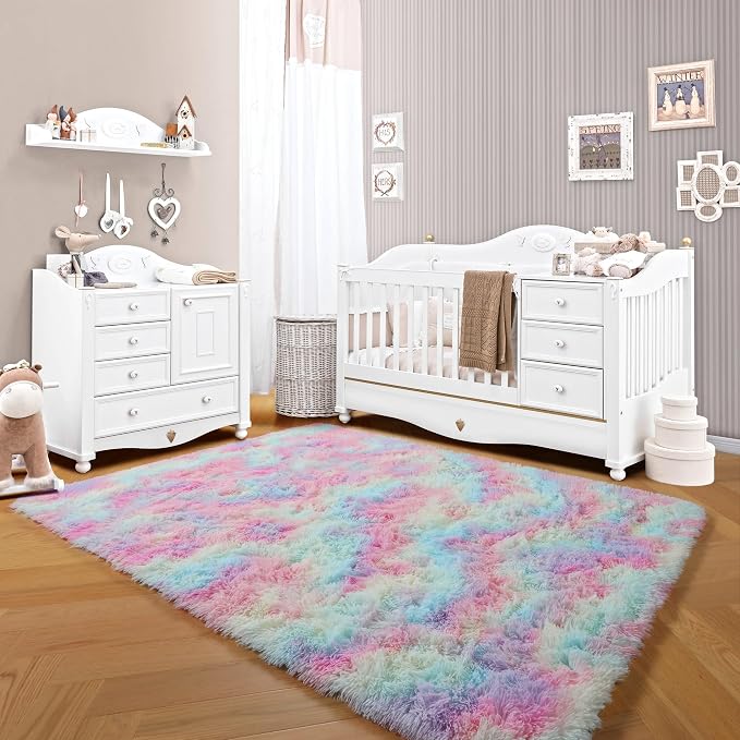 Rainbow Area Rugs for Girls Bedroom, 4x6 Fluffy Bedside Colorful Rug, Cute Soft - Image 7