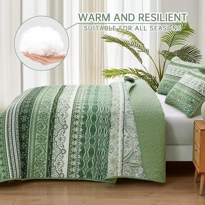 WONGS BEDDING Boho Quilt Set Full Size, Light Green Bohemian Full Quilt Bedding - Image 3