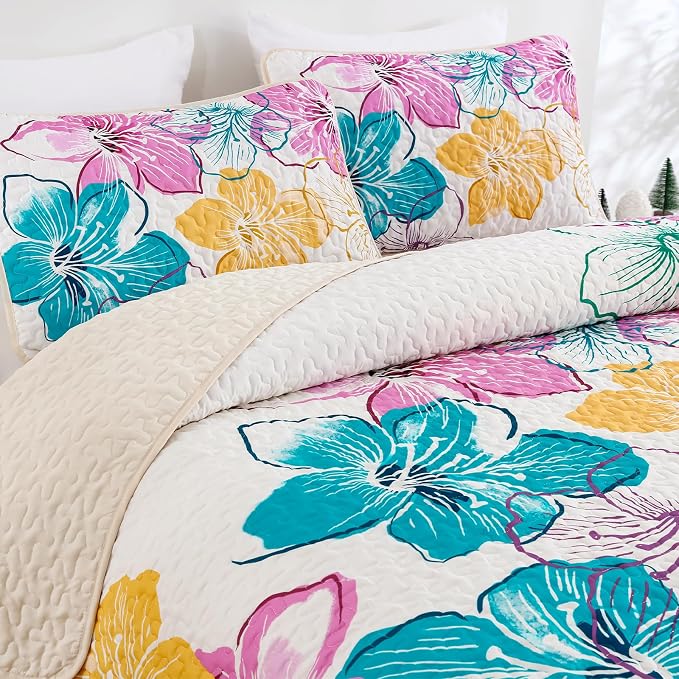 DJY Romantic Pink Teal Quilt Set Queen Size, 3 Pieces Colourful Floral - Image 5