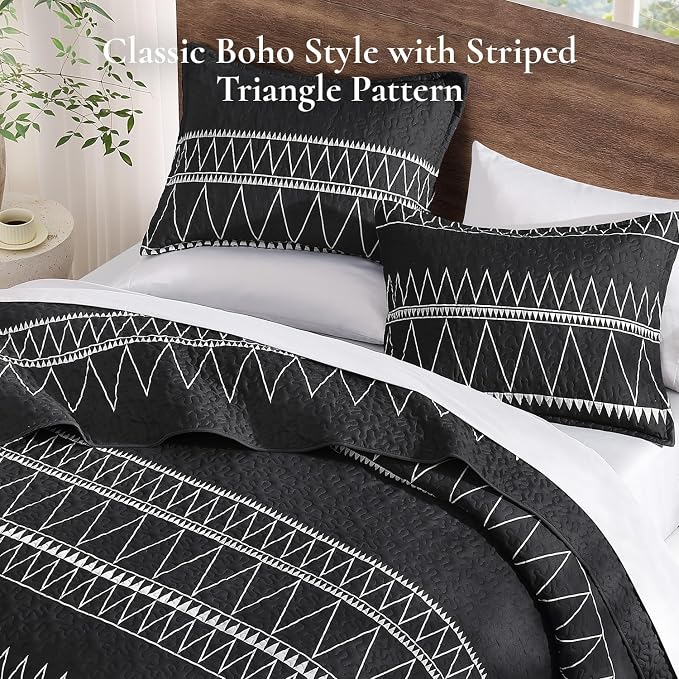 Black King Size Quilt Set, 3 Pieces Boho Striped Bedspread | Soft Lightweight - Image 4