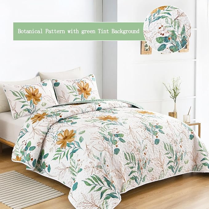 Anibedding Floral Quilt Set Full, 3 Pieces Reversible Elegant Green Leaves - Image 3
