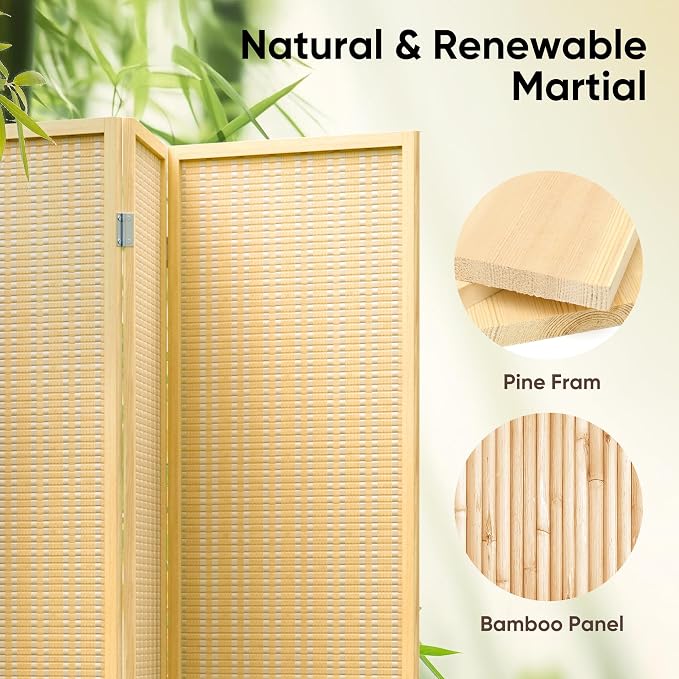 Room Divider 4 Panel Folding Privacy Screen, Woven Bamboo, Wooden | 6 ft. Tall - Image 3