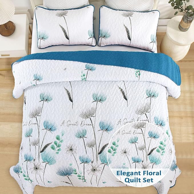 Dinjoy Teal Quilt Set California King Size, Cute Flower Bedspread Bedding | 3 - Image 2