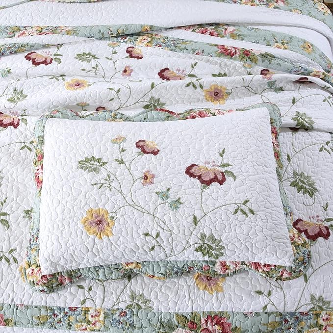ROOMLIFE 100% Cotton Quilt Set Full Elegant Floral Embroidery 3-Piece | - Image 7