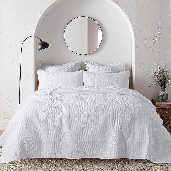 White Damask Quilt California Cal King Size Bedding Sets by B2EVER