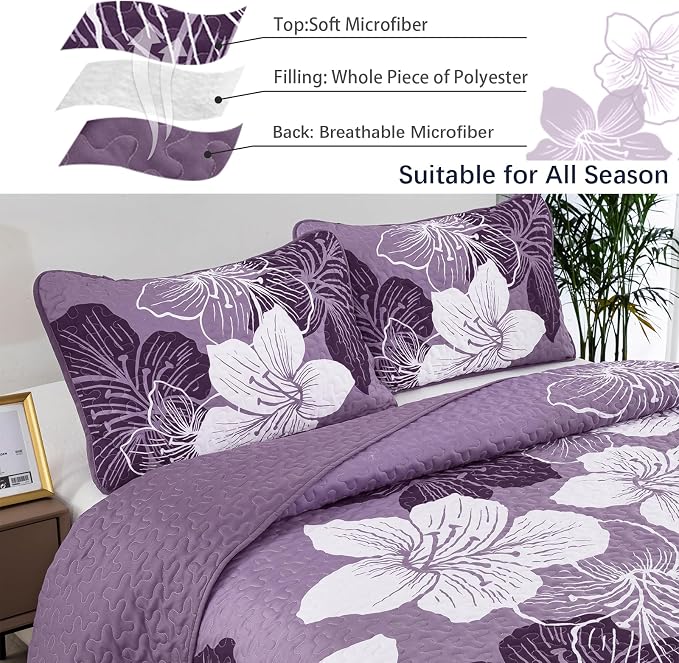 DJY Quilt King Size, Dark Purple Floral Boho Bedspread Coverlet Set 3 Pcs | - Image 3