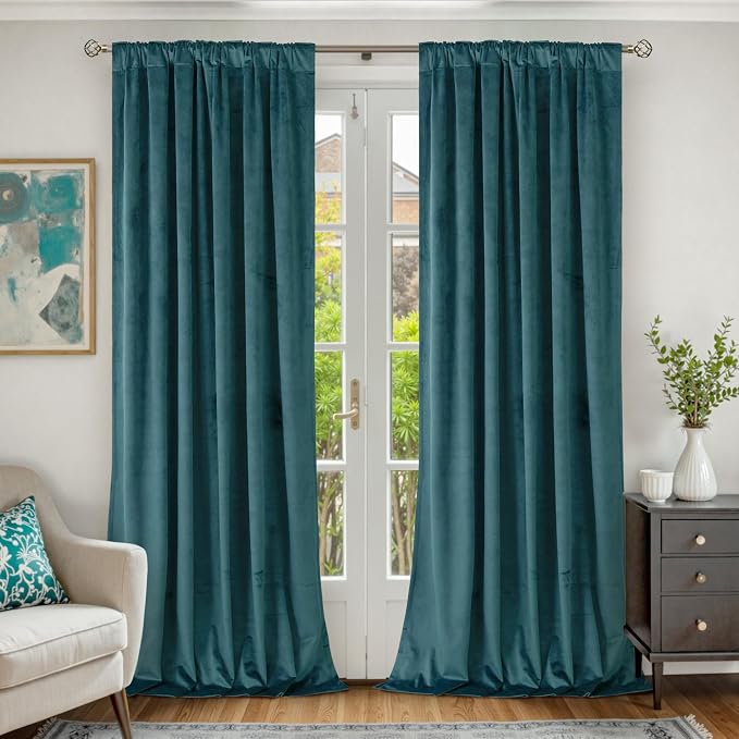 BGment 80 inch Teal Velvet Blackout Curtains - Image 2