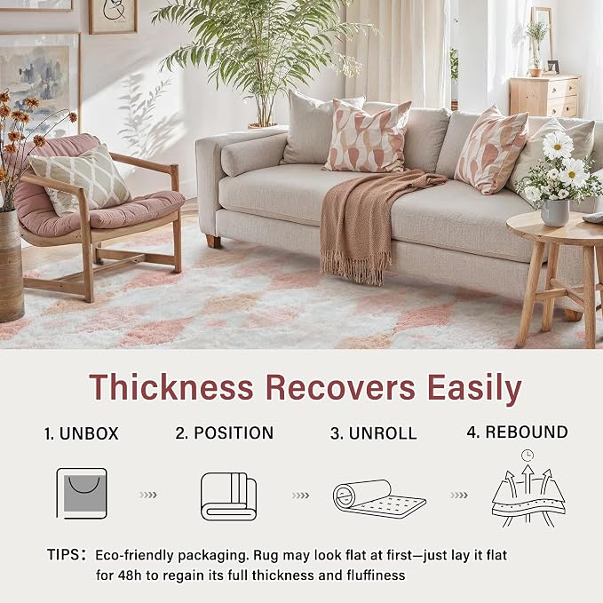 Pink 5x8 Area Rug for Living Room Soft Checkered Shag Carpet | Machine Washable - Image 4
