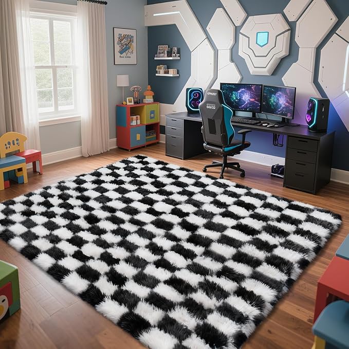 Black and White 6x9 Area Rugs for Bedroom, Fluffy Shag Rug Bedside Carpet | by Yongyangjuxi