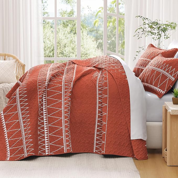 Burnt Orange King Size Quilt Set, 3 Pieces Boho Striped Bedspread | Soft - Image 7