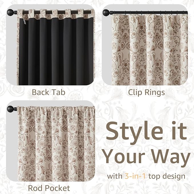jinchan Taupe Floral Blackout Curtains 84 Inch Farmhouse Back Tab 2 Panels | - Image 7