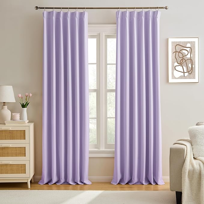 Light Purple Pinch Pleated Lilac Curtains Blackout 84 Inch Long, Thermal by KEQIAOSUOCAI