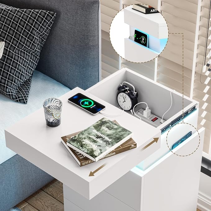 ADORNEVE White Nightstand with Charging Station and LED Lights | Modern Night - Image 3