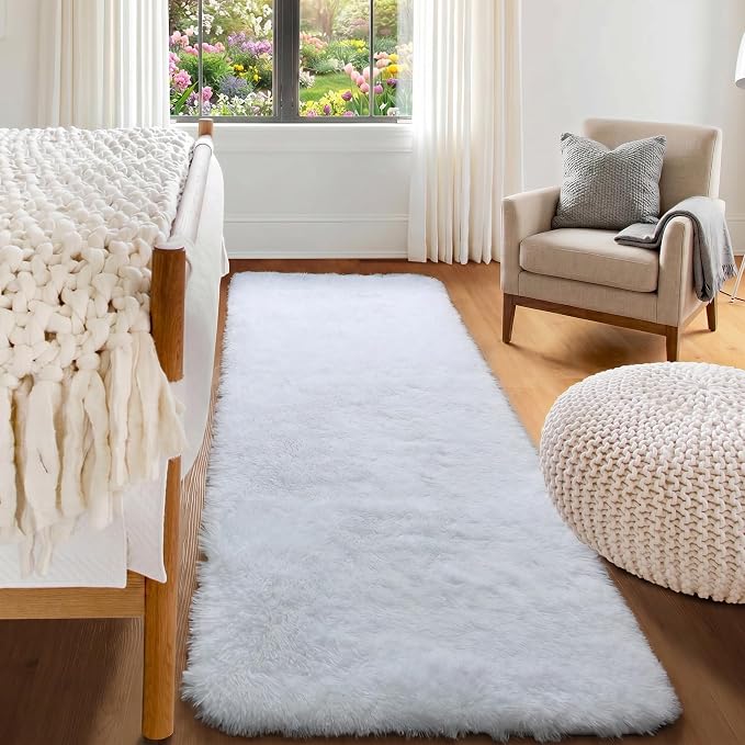 White Runner Rugs for Bedroom Living Room, Luxury Bedside Fluffy Area Rug 2x6 by ONASAR