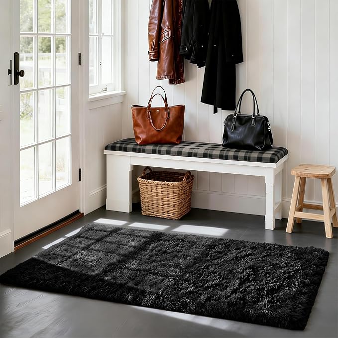Black 2x6 Area Rugs for Bedroom, Fluffy Shag Rug Small Rug Bedside Carpet | - Image 2