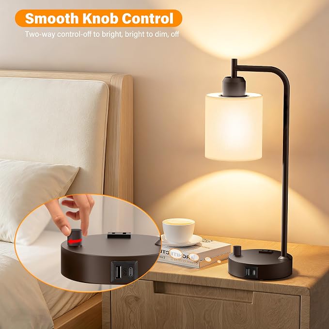 Industrial Table Lamps with Linen Shade, 2 LED Bulbs Included - Image 4