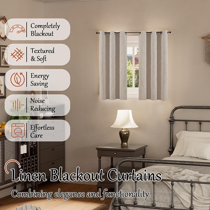Short Beige Blackout Curtains 45 Inch Length Each 38 Wide 2 Panels | Thermal - Image 2