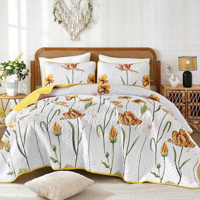 WONGS BEDDING Yellow Quilt Set King Size, Colorful Floral Quilt Set - Image 7