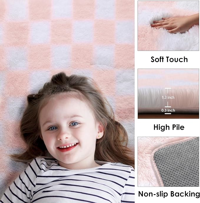 KICMOR Pink Rugs for Bedroom Girls, 3x5 Small Fluffy Soft Bedside Checkered - Image 3