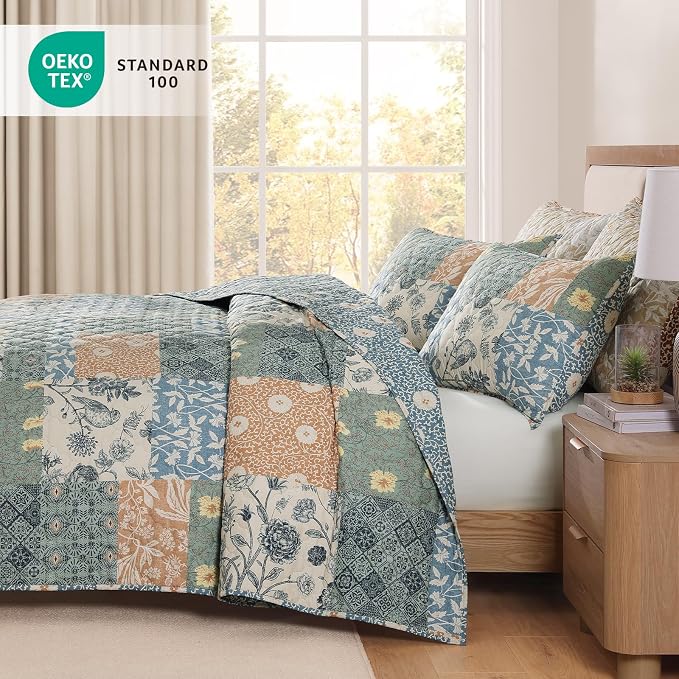 King Size Quilt Set-3 Pieces Soft King Bedspread Floral Patchwork Quilt | - Image 4