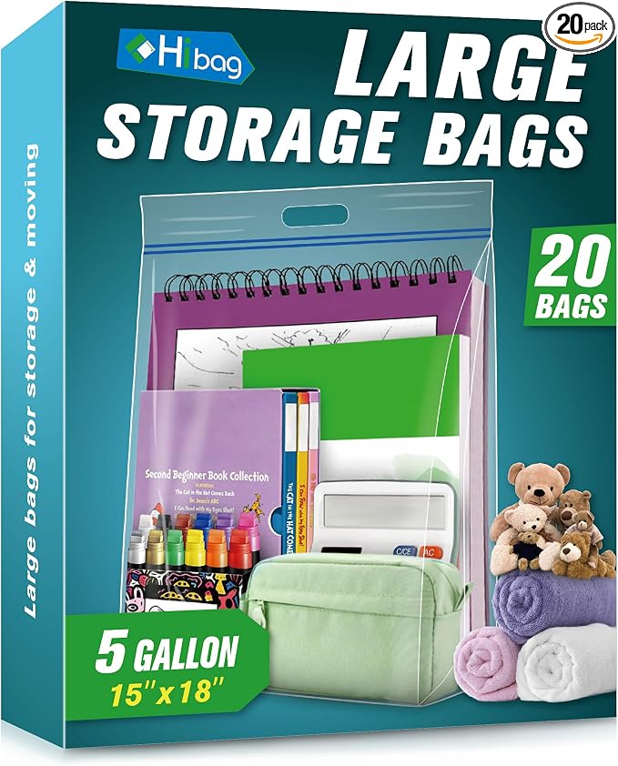 HIBAG 5 Gallon Large Storage Bags, 15” x 18” Resealable Clear Bags by HIBAG
