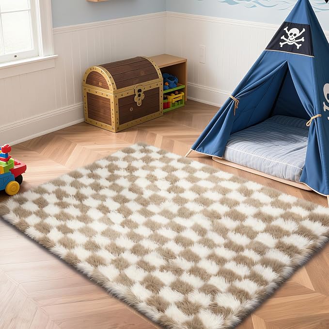 Beige and White 6x9 Area Rugs for Bedroom, Fluffy Shag Rug Bedside Carpet | - Image 3