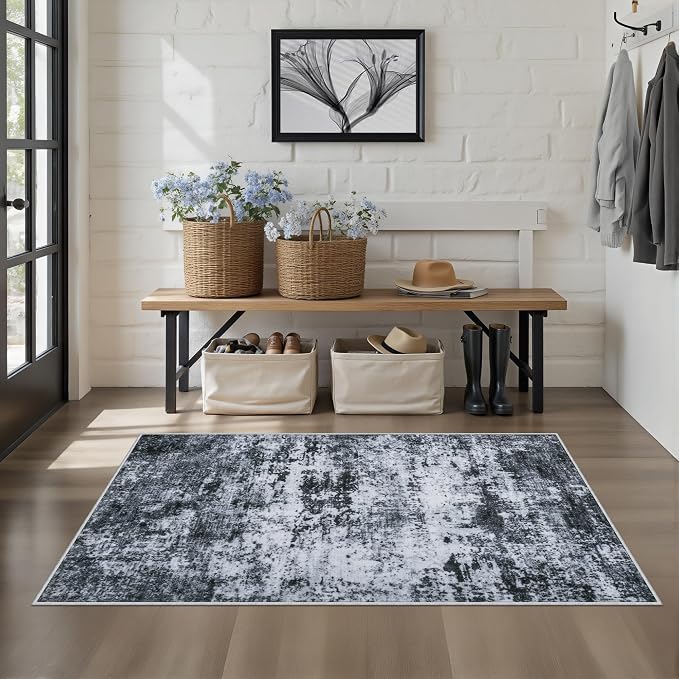 Area Rug Living Room: 3x5 Modern Washable Indoor Carpet Black | - Image 3