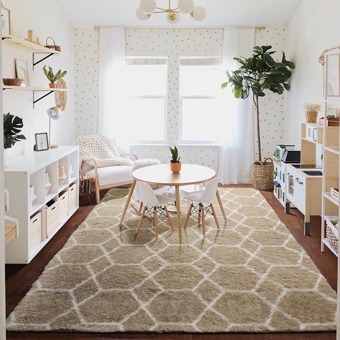 Large Area Rugs for Living Room, Fluffy 7x10 Beige and White Thick Floor Rug - Image 9