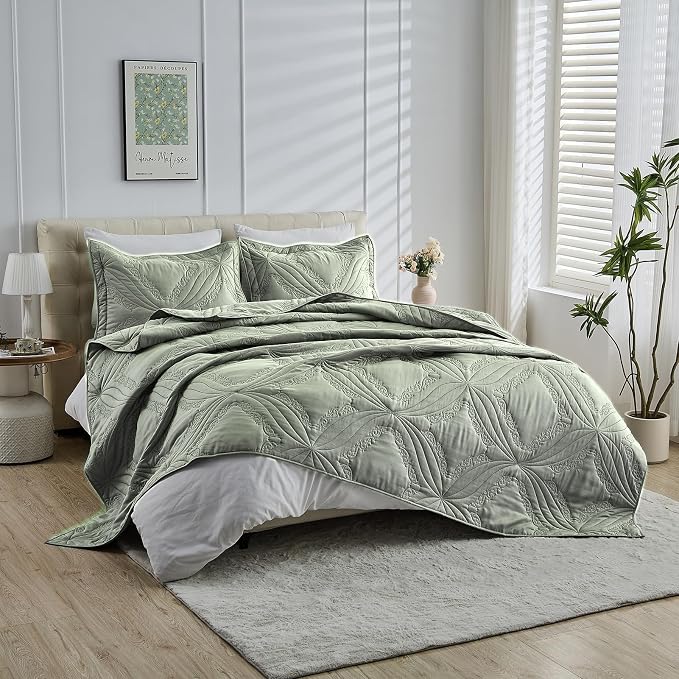 Kingnex Oversized King Bedspreads 128x120 Ultrasonic Quilted Sage | Extra Wide - Image 5