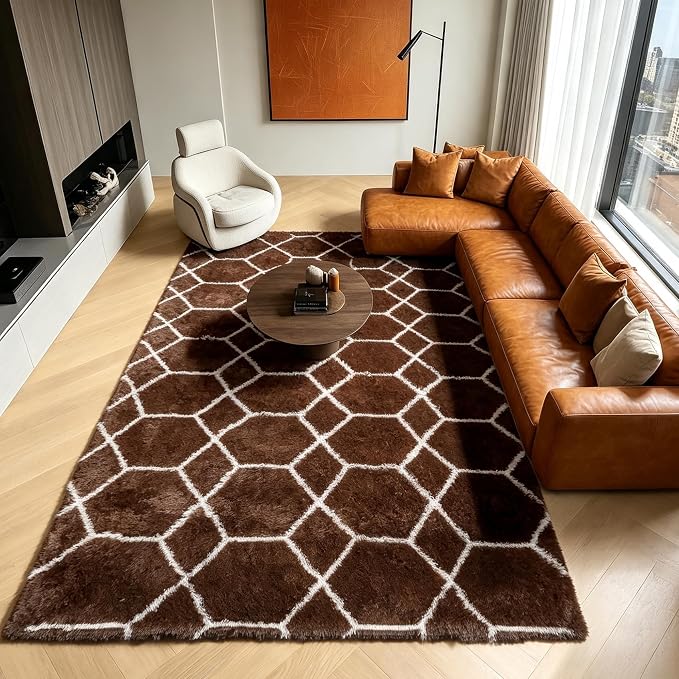 6x9 Area Rugs for Living Room Bedroom, Large Fluffy Brown and White Throw Rug by ONASAR
