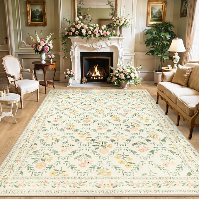 PLHXFR Area Rug 9x12 Living Room: Floral Washable Boho Carpet Beige Multi | by PLHXFRSoftAreaRugs