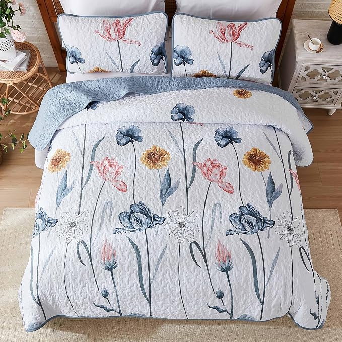 WONGS BEDDING King Size Quilt Set, 3-Piece Lightweight Botanical Bedspread | - Image 5