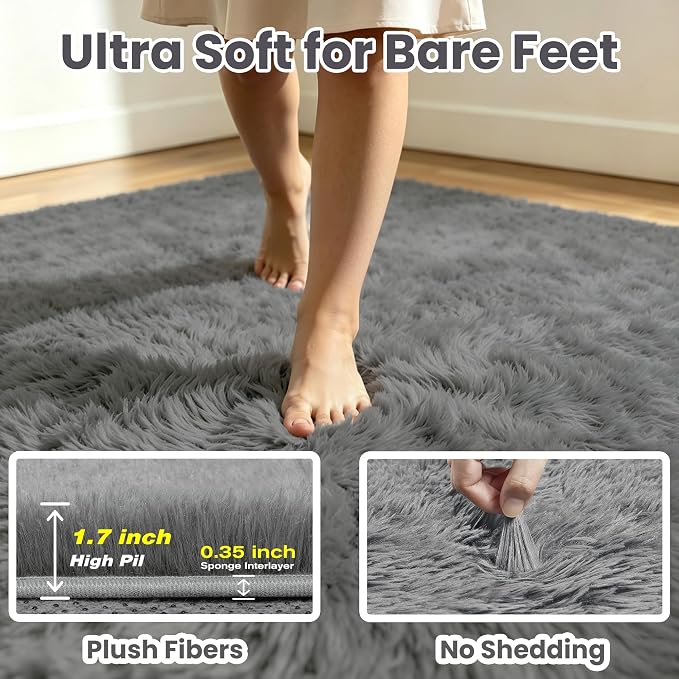 8x10 Fluffy Area Rug for Living Room: Non-Slip Light Grey Bedroom Carpet | - Image 7
