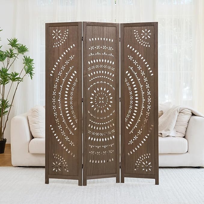 66.9Inch Folding Room Divider, 3 Panels Wood Carved Privacy Screens, Free - Image 8
