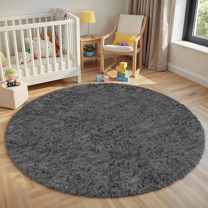 Dark Gray Round Fluffy Rug 5ft Plush Fuzzy Shaggy Carpet | Soft Rugs - Image 9