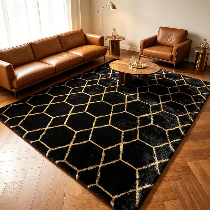 5x8 Rugs for Living Room Bedroom, Fluffy Black and Gold Area Rug, Geometric by ONASAR