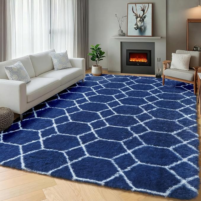 Large 8x10 Area Rugs for Living Room, Fluffy Geometric Navy and White Rug for - Image 6