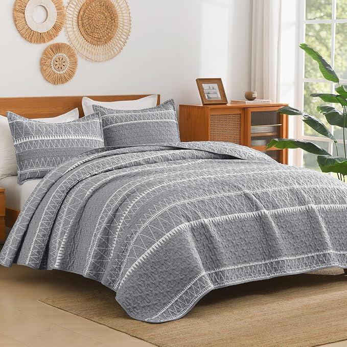 Oversized Super King Quilt Set Grey, 3 Pieces Striped Bedspread | Boho Soft by Andency