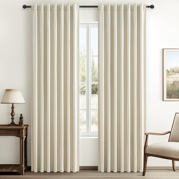 Warm Cream Thick Linen Black Out Curtains 86 Inch Long by QJMYDECO