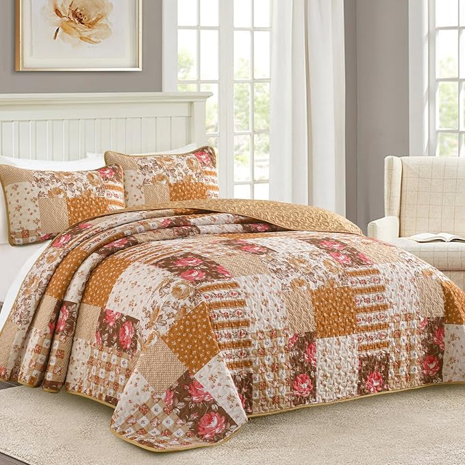 Floral Quilt Set King Size, 3 Pieces Patchwok Burnt Orange Brown Bedspread Fall - Image 2
