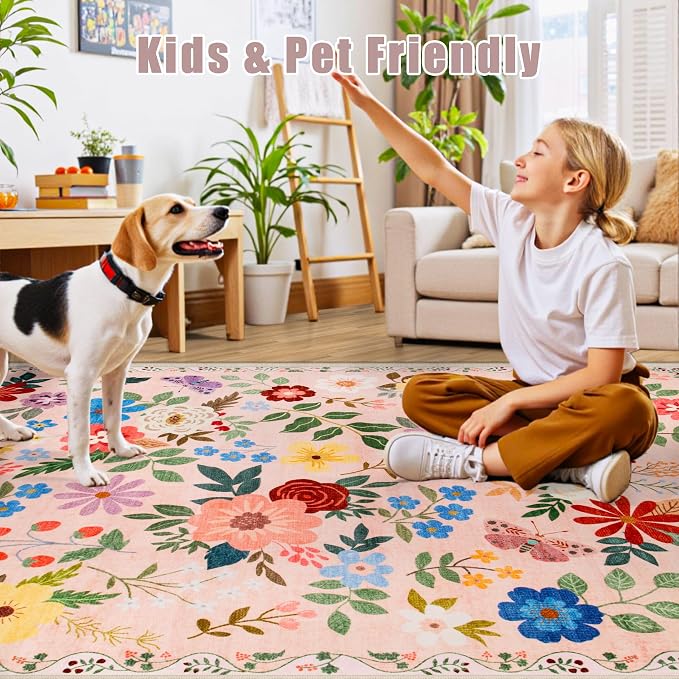 PLHXFR Area Rug Living Room: 4x6 Floral Washable Boho Soft Carpet Beige | - Image 8