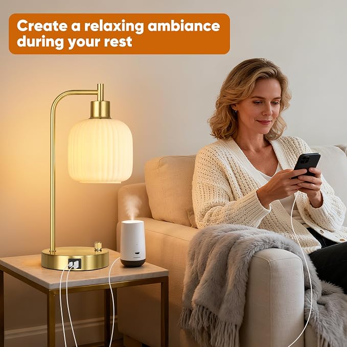 Cream Glass Table Lamps Set of 2, Dimmable Bedside Lamps - Image 5
