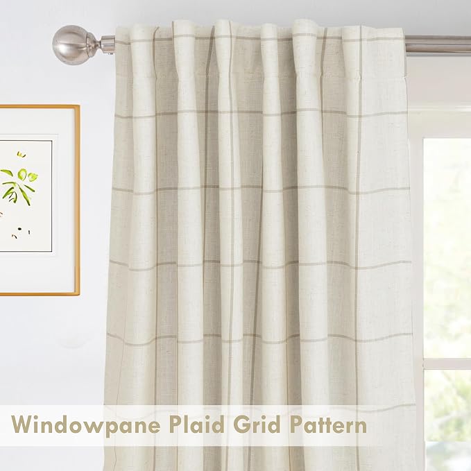 DriftAway 100% Blackout Plaid Linen Curtains 102 Inches Long 2 Panels Taupe | - Image 3