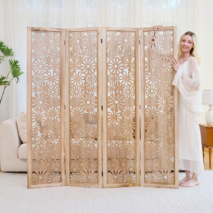 Folding Wood Room Divider Panel, 67 Inch Tall Daisy-Carved Privacy Screen - Image 6