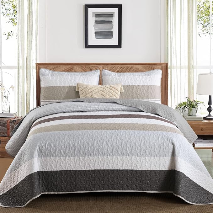 Dinjoy Full Size Boho Stripe Quilt Set, Breathable All-Season, 3-Piece Set Fits by DINJOY