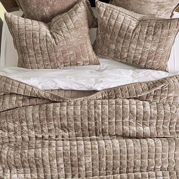 RECYCO Channel Box Stitch Velvet Quilt Set, Twin/Twin XL Size, Natural Tan | - Image 3