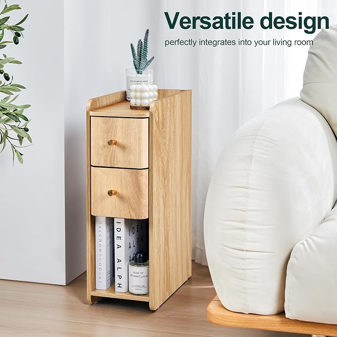Narrow Nightstand Set of 2, Wooden Small 2 Drawer Nightstand, Slim Side End - Image 5
