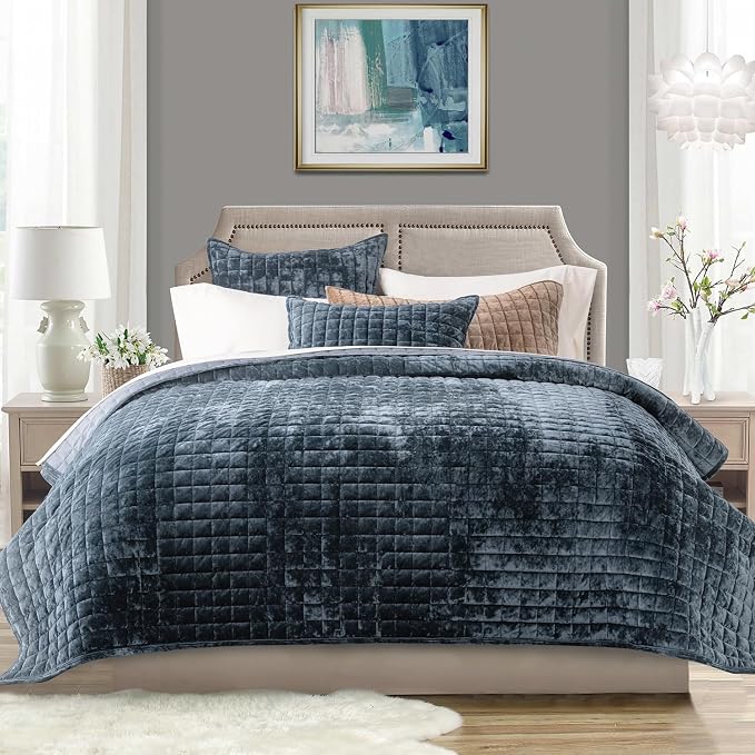 RECYCO Channel Box Stitch Velvet Quilt Set, Twin/Twin XL Size, Stormy Blue | - Image 2