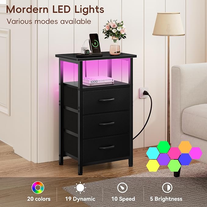 Night Stand with Charging Station, LED Nightstand - Image 5
