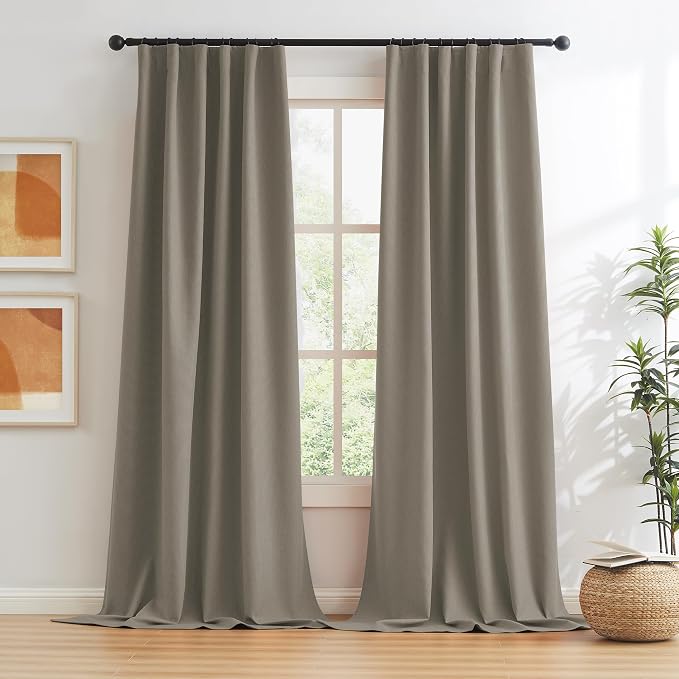 Taupe Blackout Curtains 96 Inches Long 2 Panels Back Tab Pocket Hook Belt - Image 2